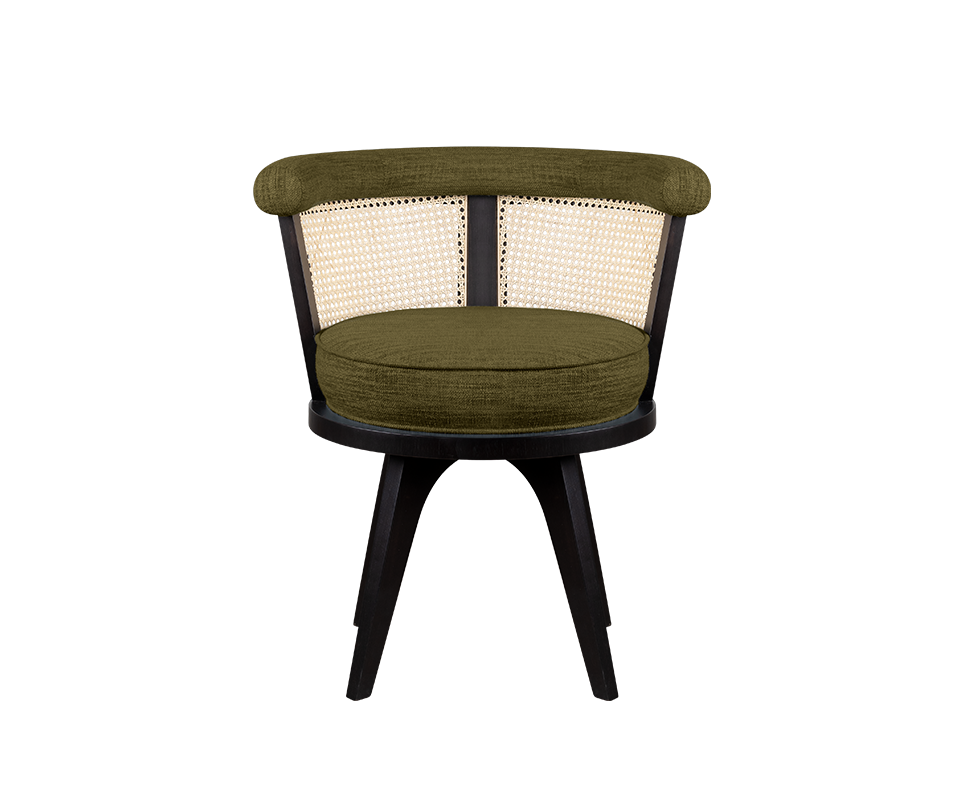 The George Dining Chair exemplifies 2025 interior design trends with its black-stained ash wood frame, matte finish, linen-upholstered round seat, and rattan-accented backrest, blending classic craftsmanship with contemporary elegance.
