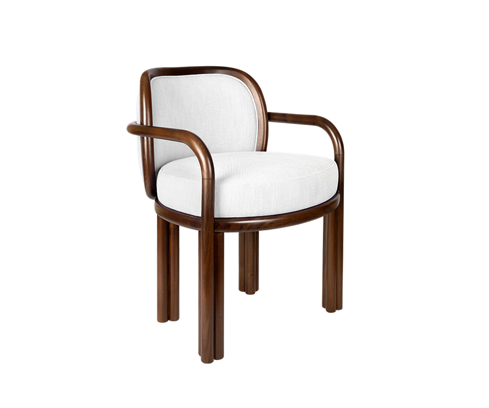 The James Dining Chair embodies 2025 interior design trends with its walnut wood structure, natural matte varnish finish, and linen-look upholstery, offering timeless elegance to any dining space.