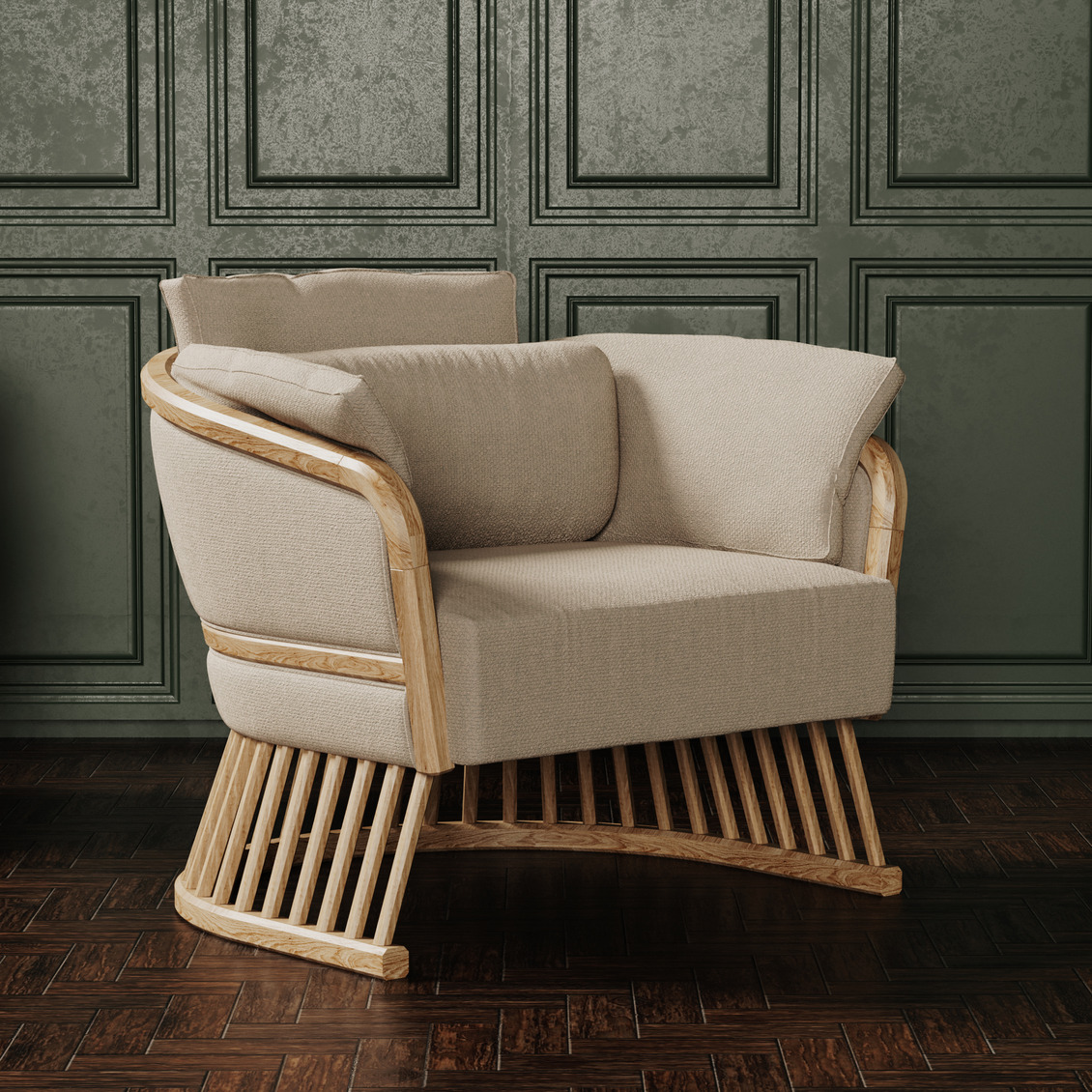 Carefully handcrafted in black stained ashwood or in walnut wood and upholstered in linen, the Johnson Armchair provides a majestic look.