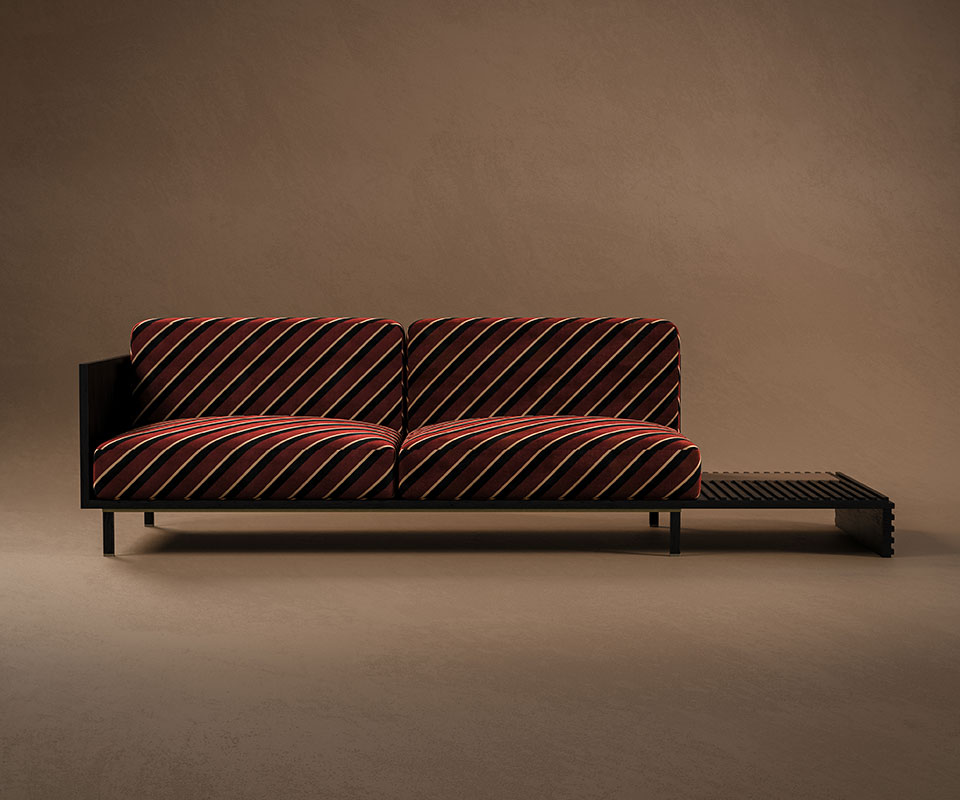 Conway II Sofa in american walnut with the fabric Moreton F75201 from Osborne & Little. Conway II Sofa in american walnut with the fabric Nobilis Velours Oblico