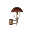 Side profile view of the Faraday Wall Lamp by Wood Tailors Club a, featuring standard aged brushed brass hardware and a smoked walnut domed shade.