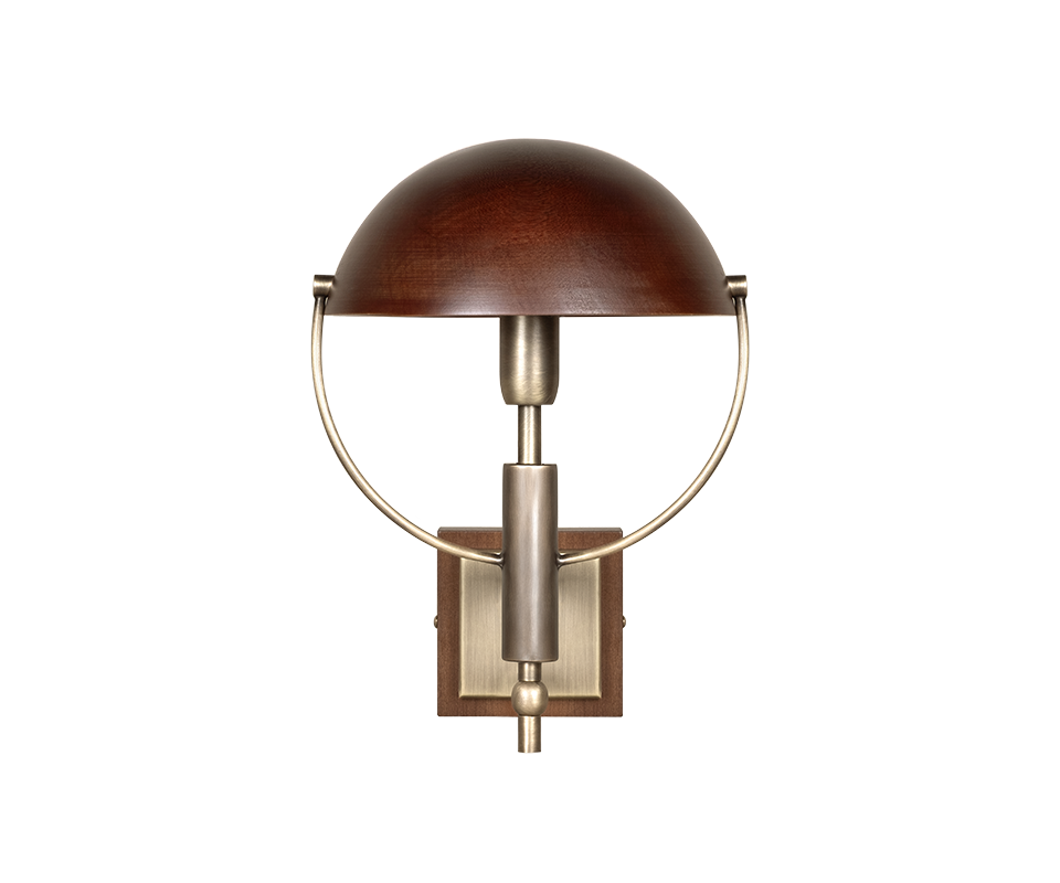 Front view of the Faraday Wall Lamp by Wood Tailors Club set against a black background, highlighting its symmetrical aged brushed brass metal frame, smoked walnut dome shade, and square base.