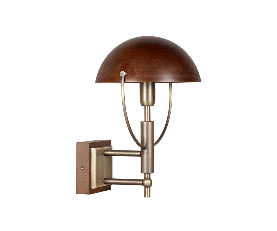 Side profile view of the Faraday Wall Lamp by Wood Tailors Club a, featuring standard aged brushed brass hardware and a smoked walnut domed shade.
