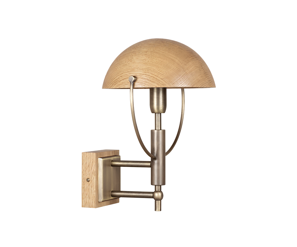 Side profile view of the Faraday Wall Lamp by Wood Tailors Club a, featuring standard aged brushed brass hardware and a matural oak domed shade.
