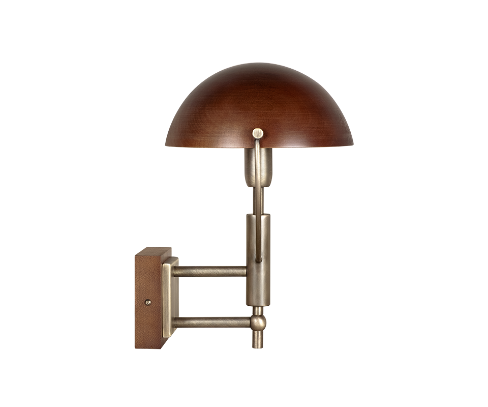 Side view of the Faraday Wall Lamp by Wood Tailors Club, crafted in aged brushed brass and smoked walnut wood.