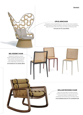 Interior Designer magazine, May 2025 Interior Designer magazine, May 2025 issue, featuring the William rocking armchair in yellow velvet, smoked walnut wood, and rattan.