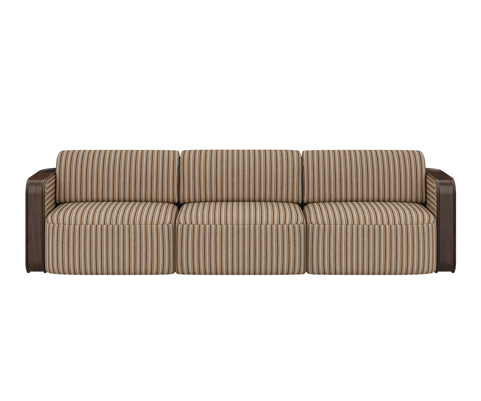 Kimberly sofa by Wood Tailors Club, upholstered in striped Ryme fabric by Dedar
