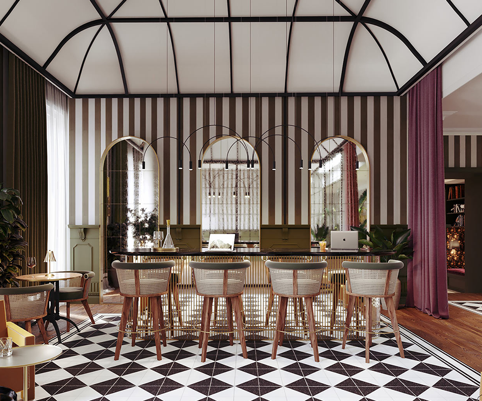 Four George Bar Chairs by Wood Tailors Club with rattan details and green velvet cushions arranged at a modern bar counter inside Meravili House of Business, featuring striped wallpaper and dynamic tile flooring.