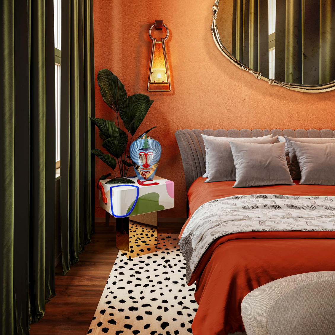 Artistic-inspired, this Malabar's bedside features a wooden structure hand-painted with simple abstract forms but bold colors, adorned with Verde Guatemala marble, supported by a polished brass base will be displayed at Milan Design Week.