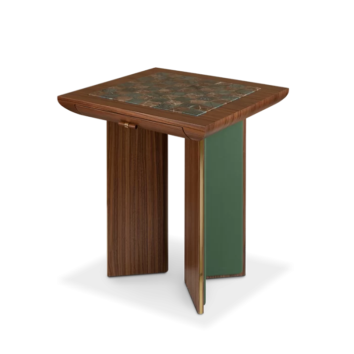 Designed for sophisticated spaces, the Howard Chess Table by Wood Tailors Club is strictly handcrafted in walnut wood and features exquisite brass details. The chessboard presents an alternating pattern of squares made in Verde Guatemala and Emperador marble, and the drawer interior in leather. Featuring a classic design yet with a modern twist, the Howard Chess Table will be an unmissable piece in your living room.