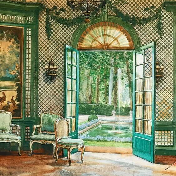 Interior of Elsie De Wolfe' music pavilion looking out on to the pool , The Villa Trianon, painted by William Bruce Ellis Ranken