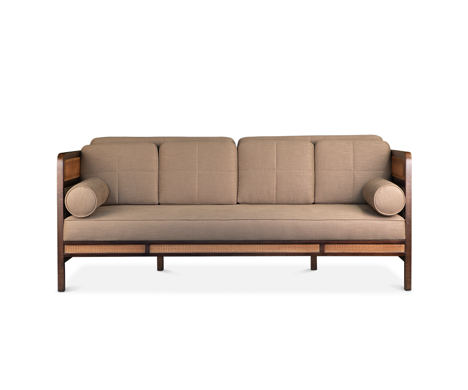 Crockford Sofa: Structured in walnut wood upholstered in linen, with carefully handcrafted rattan details.