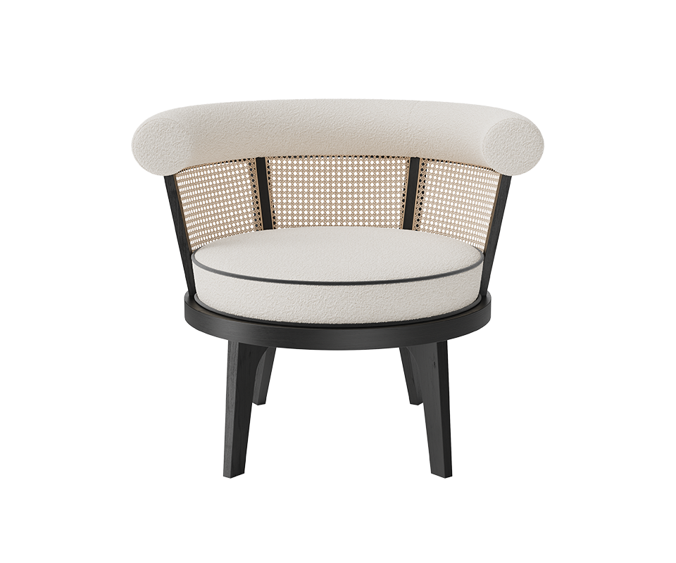 The timeless George armchair is handcrafted in black stained ashwood with rigorously expertise by Portuguese artisans, and its round seat is upholstered in bouclé and velvet. Along with carefully selected wood, George is enriched with the rattan on its back, giving it a classy touch.