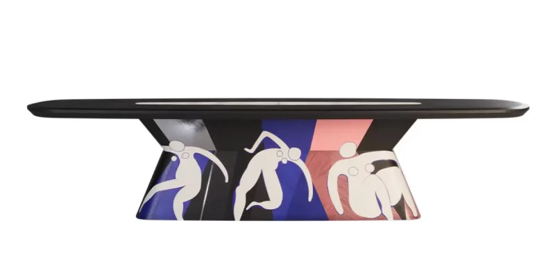 Malabar's La Danse dining table base features multi-colored marquetry, different lacquered surfaces, and brushed stainless steel metal. The top is made in black stained ashwood featuring a retro illuminated alabaster in the center.