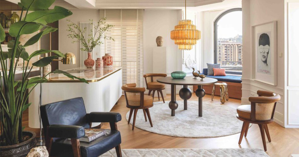Projects San Sebastian Residential Project by Inigo Iriarte partilha George Dining Chair with walnut wood, rattan, and leather in dining room, part of the San Sebastián residential project designed by Iñigo Iriarte.