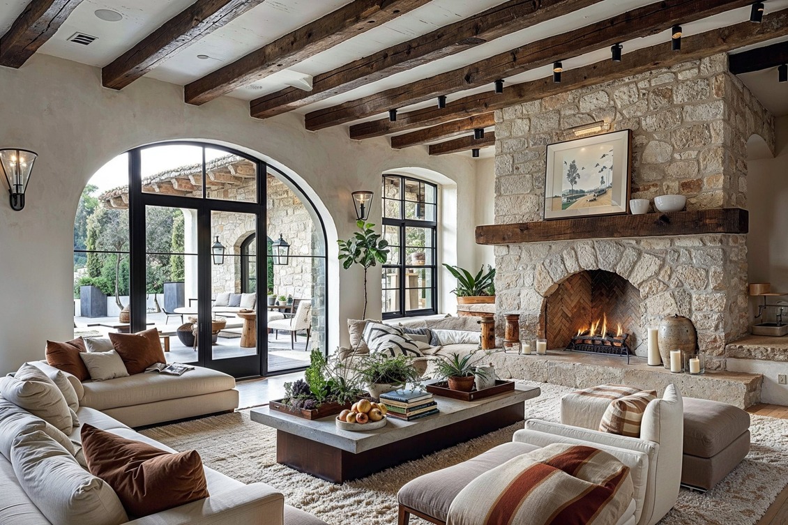 Spanish Colonial interior living room with exposed wooden beams, a stone fireplace, arched doorways, and neutral-toned furniture.