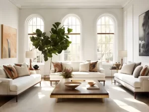 A Spanish Colonial Interior living room featuring a wooden coffee table and metal-accented side tables, blending traditional and contemporary design elements.
