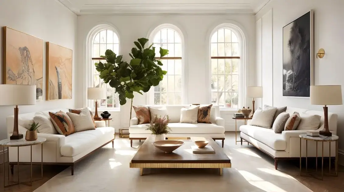A Spanish Colonial Interior living room featuring a wooden coffee table and metal-accented side tables, blending traditional and contemporary design elements.