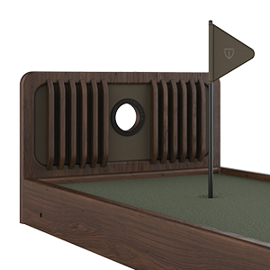 A close-up, detailed shot of the Sutherland Mini Golf headboard in Smoked Walnut wood. The image highlights the vertical ribbed wooden slats, the circular metal cutout featuring the "Wood Tailors Club" branding, and the minimalist brown flag standing on the green putting turf.