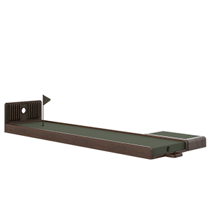 Sutherland Mini Golf A side profile of the Sutherland Mini Golf set in Smoked Walnut wood. The long putting green features a dark green turf, a minimalist flag, and a decorative ribbed wooden headboard with a circular cutout.