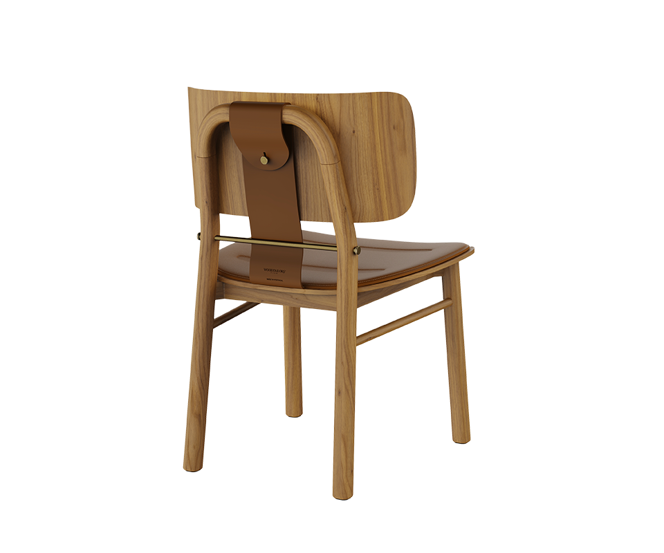 Back three-quarter view of the Arthur Dining Chair in light natural wood, showing the tan leather cushioned seat, curved wooden backrest, saddle leather strap, and brushed brass bar hardware.