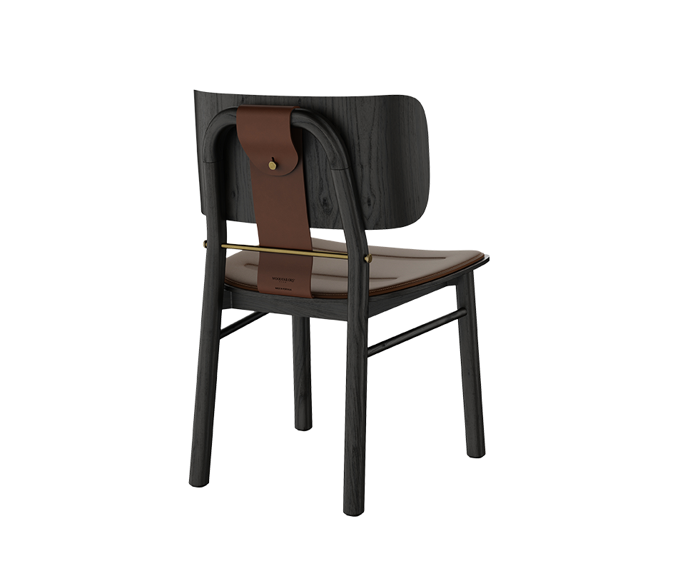 Back three-quarter view of the Arthur Dining Chair in a dark wood finish, featuring a brown leather seat, saddle leather back strap, and brass accents.