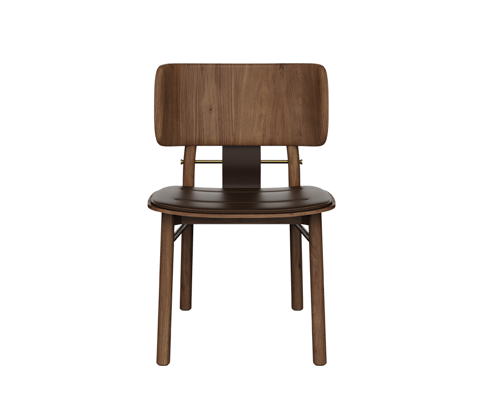 Front view of the Arthur Dining Chair in dark walnut wood with a dark leather cushioned seat and curved wooden backrest.