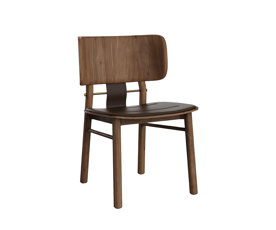 Three-quarter front view of the Arthur Dining Chair in dark walnut wood, showing the leather upholstered seat cushion and smooth curved backrest.