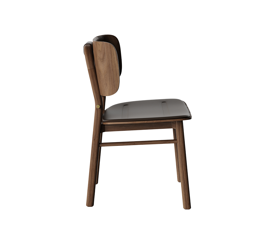 Side profile view of the Arthur Dining Chair made of dark wood, showing the sleek profile, leather cushioned seat, curved backrest, and brass side button detail.