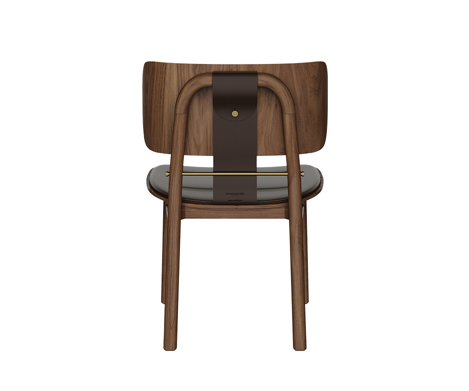 Direct back view of the Arthur Dining Chair in dark walnut, displaying the saddle leather strap fitted with a metallic brass bar and brass button.