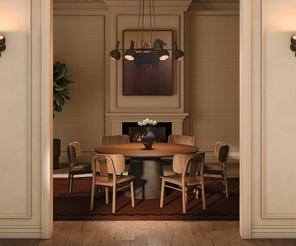Elegant dining room setup with Arthur Dining Chairs surrounding Henry a round wooden dining table, framed by warm interior lighting, a fireplace, and hanging the essen suspesion lamp.