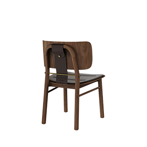 Back three-quarter view of the Arthur Dining Chair in dark walnut wood, highlighting the dark brown leather upholstered seat, curved wooden backrest, dark saddle leather back strap, and aged brushed brass bar and button detail.