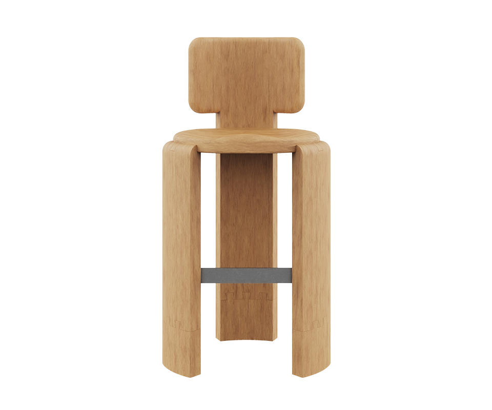 Benjamin Bar Chair Full front view of the Benjamin Bar Chair, made of Iroko outdoor wood. The chair features a prominent t-shaped backrest, a curved seat, and wide, robust legs connected by a horizontal metal footrest.