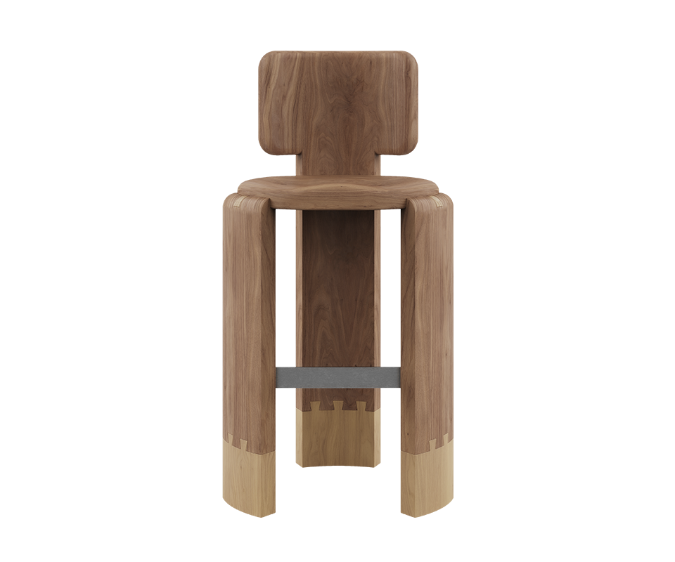 Full front view of the Benjamin Bar Chair, featuring a two-tone wood construction. The main structure is in darker walnut wood, while the lower parts of the legs feature lighter natural oak details with complex interlocking finger joints. It has a metal footrest.