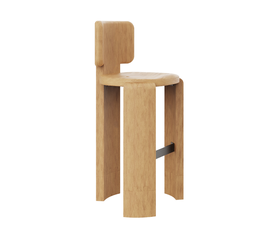 A three-quarter perspective view of the Benjamin Bar Chair in Iroko outdoor wood, showing the front left leg, the contoured seat from an angle, and the full shape of the t-shaped backrest. The simple metal footrest is visible.