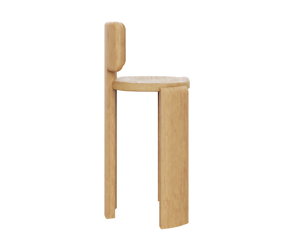 Side profile view of the Benjamin Bar Chair in Iroko outdoor wood, highlighting the minimalist structure: the vertical line of the backrest post, the horizontal profile of the seat, and the shape of the curved front legs.
