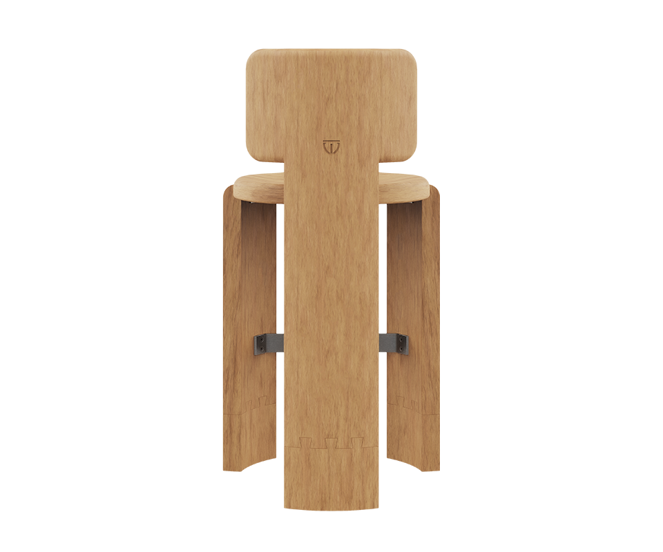 Rear view of the Benjamin Bar Chair in Iroko outdoor wood, showcasing the single wide, vertical back support panel which has the logo engraved. The wide, curved back legs and the metal footrest are visible from behind.