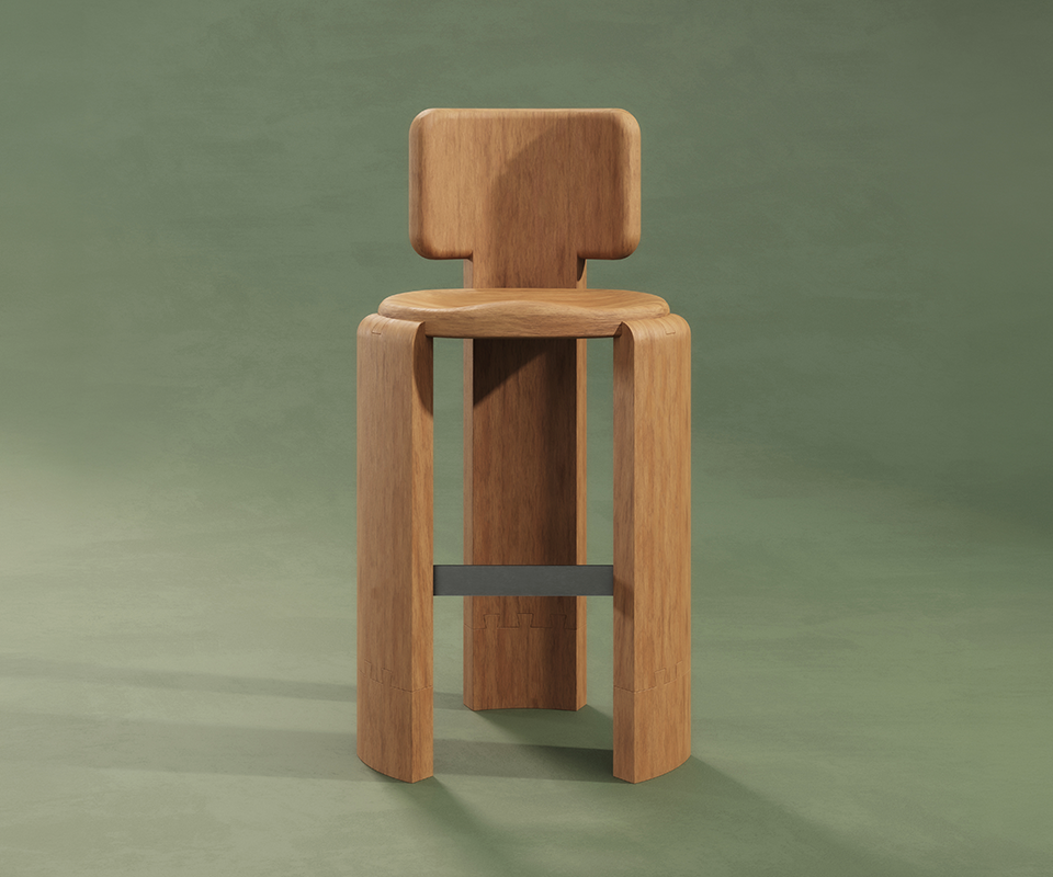 Benjamin Bar Chair Full front view of the Benjamin Bar Chair in Iroko outdoor wood, with a wide, t-shaped backrest and a contoured seat. The three wide, curved legs are shown on a light green floor, connected by a simple metal footrest.