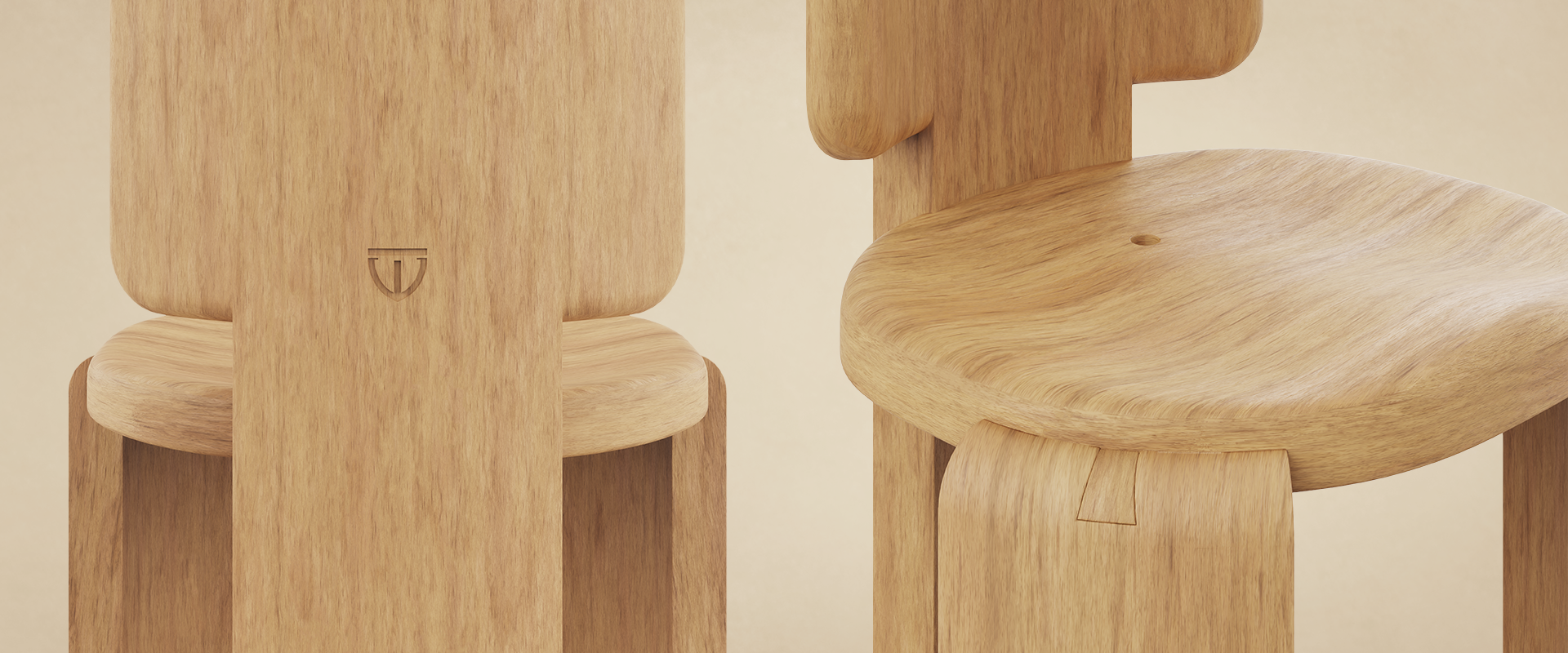 Benjamin Bar Chair A split-screen close-up of the Benjamin Bar Chair in Iroko outdoor wood. The left section shows the wide backrest with the logo engraved. The right section focuses on the contoured seat, a small central hole, and the interlocking finger joint of the leg assembly.