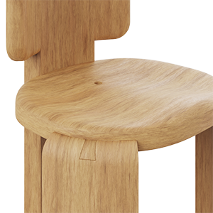 Close-up of the contoured seat, a small central hole, and the interlocking finger joint of the leg assembly.