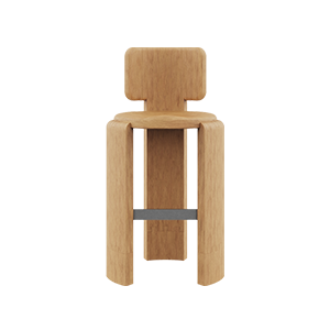 Full front view of the Benjamin Bar Chair, made of Iroko outdoor wood. The chair features a prominent t-shaped backrest, a curved seat, and wide, robust legs connected by a horizontal metal footrest.