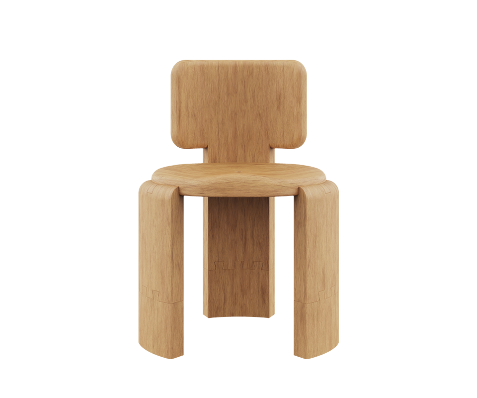 Front view of the Benjamin Dining Chair by Wood Tailors Club, crafted in natural light brown Iroko outdoor wood, featuring a curved T-shaped backrest, a round sculpted seat, and thick structural legs with interlocking joinery detailing.