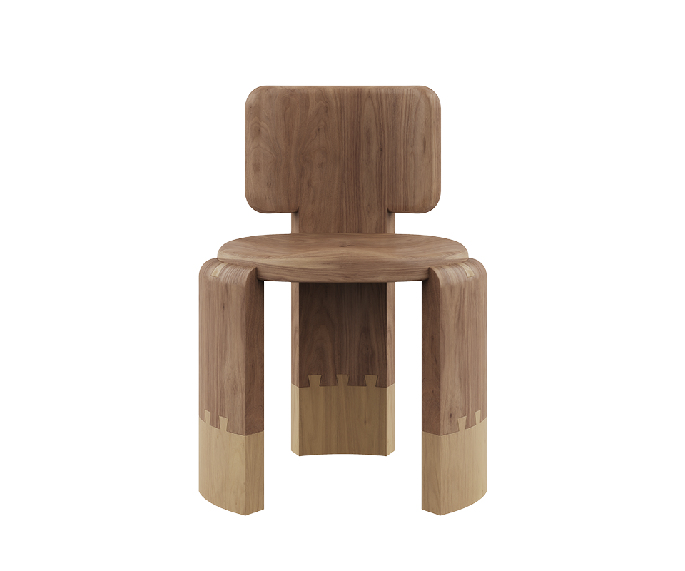 Front view of the Benjamin Dining Chair by Wood Tailors Club in a dual-tone indoor finish, combining a rich brown Walnut upper body and seat with light-colored Natural Oak on the base of the interlocking legs.