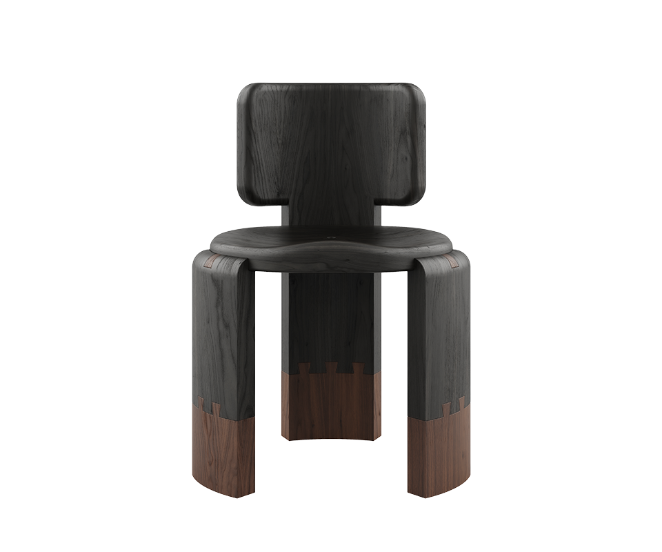 Front view of the Benjamin Dining Chair by Wood Tailors Club in a dark indoor finish, featuring a Black stained ashwood main structure and seat paired with deep Smoke Walnut interlocking accents at the bottom of the legs.