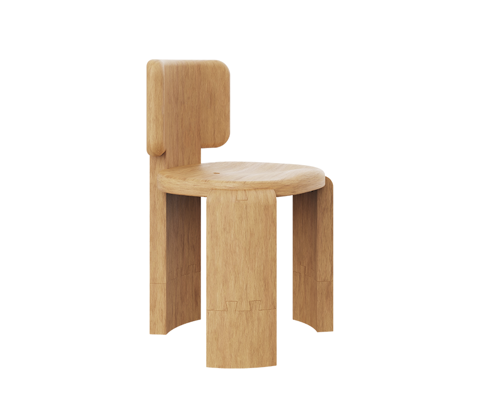 Three-quarter perspective view of the Benjamin Dining Chair by Wood Tailors Club in light Iroko outdoor wood, showcasing the thick, rounded profile of the seat, the curved backrest, and the structural interlocking wood joints.
