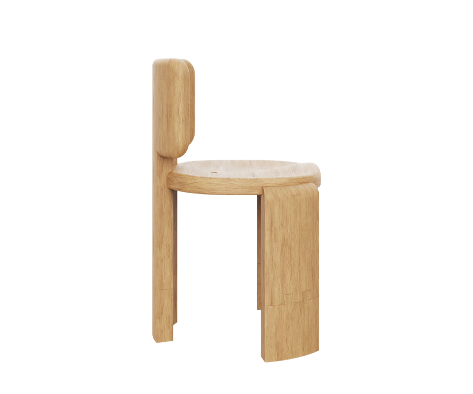 Side profile view of the Benjamin Dining Chair by Wood Tailors Club made from light Iroko wood, highlighting the minimalist silhouette, the flush integration of the backrest, and the flat, robust leg design.