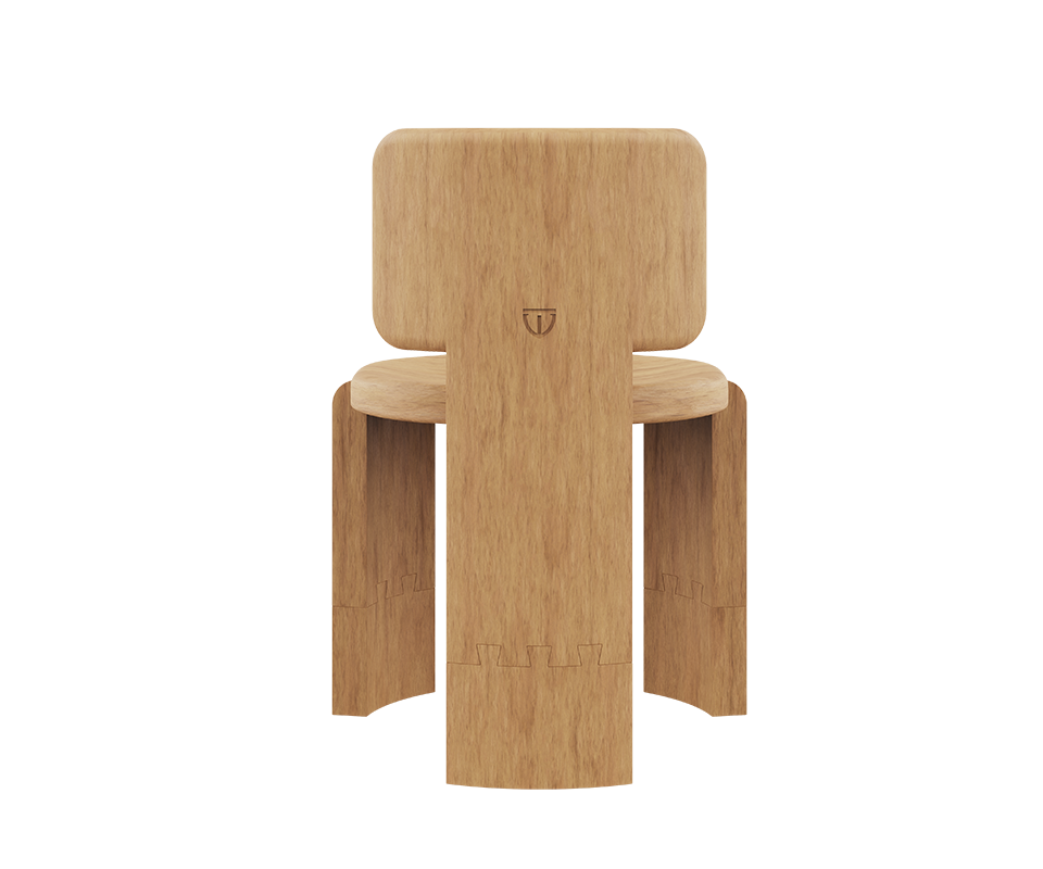 Rear view of the Benjamin Dining Chair by Wood Tailors Club in Iroko wood, showing the solid, continuous T-shaped backrest engraved with a subtle brand logo, and the thick curved legs with puzzle-like joinery.