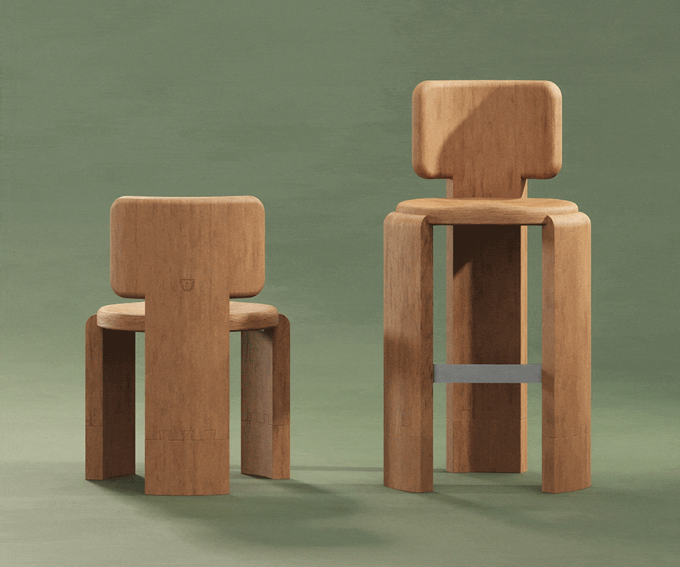 Studio shot of the Benjamin Dining Chair alongside the matching high bar stool by Wood Tailors Club, both crafted in warm Iroko wood with distinctive interlocking joints, displayed against a textured sage green background.
