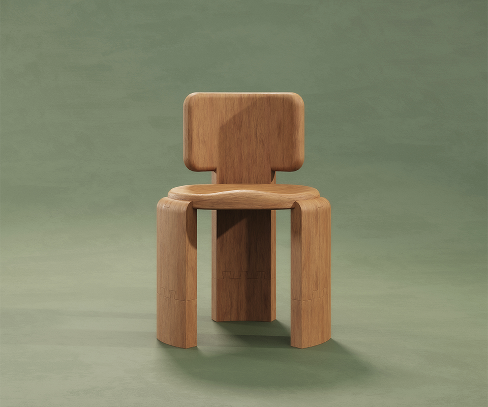 Front view of the Benjamin Dining Chair by Wood Tailors Club in natural Iroko wood, positioned in a minimalist studio setting with dramatic shadows against a soft sage green wall and floor.