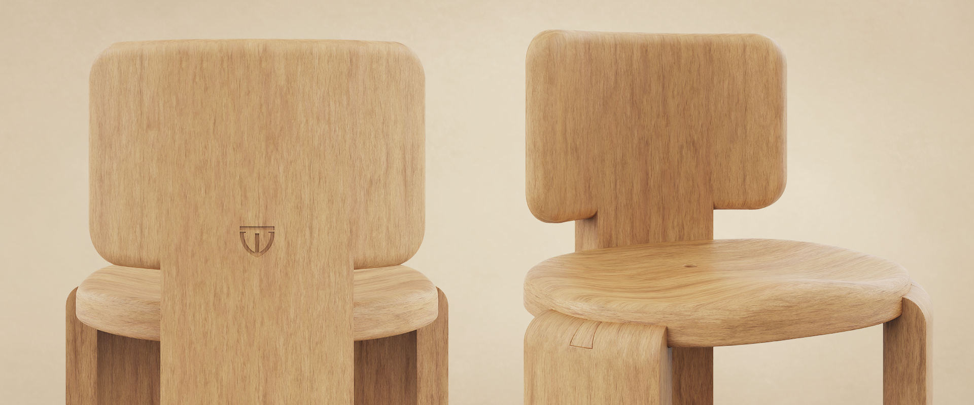 Close-up panoramic shot of two Benjamin Dining Chairs by Wood Tailors Club in Iroko wood, focusing on the engraved logo on the backrest of one chair and the smooth, ergonomic contouring of the seat on the other against a warm beige background.